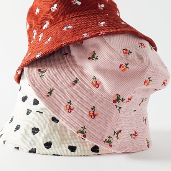 Floral Rose Boho Embroidered Corduroy Bucket Hat - Picture 1 of 3